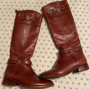 Tory Burch Nadine Tall Brown Leather Gold Accents Riding Boots Sz 7.5M EUC, $495